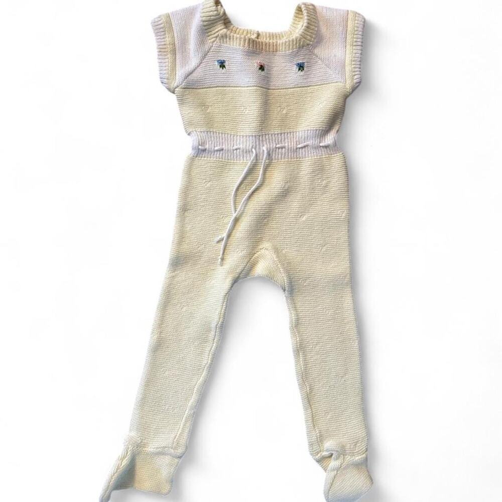 0-6 months newborn vintage yellow & white hand knit 70s jumpsuit one piece